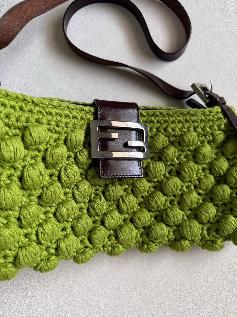 Vintage Fendi Green Crochet Baguette Crossbody Bag - Picture 2 of 8